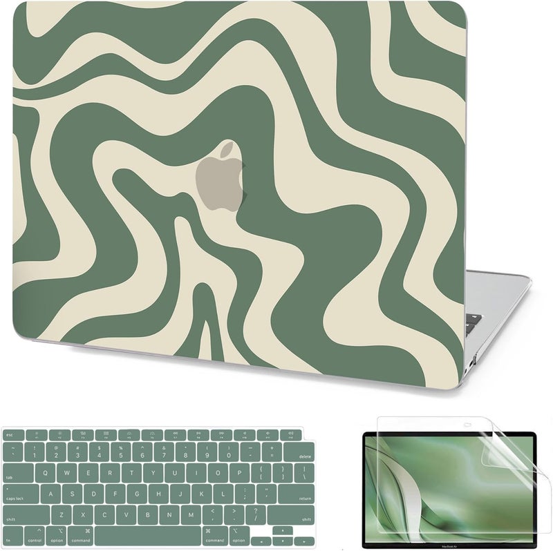 AKIT Compatible with MacBook Air 13 Inch Case M1 2022 2021 2020 2019 2018 A2337 A2179 A1932, Unique Pattern Hard Shell Laptop Case+Screen Protector+Keyboard Cover for MacBook Air 13.3 Inch, Green Wave - Image 1